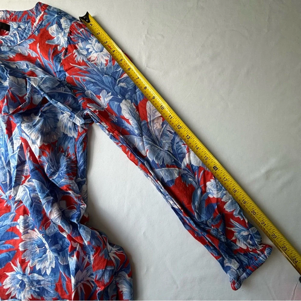 J. Crew Red and Blue Flowers Pullover Ruffle Boho Blouse Long Sleeves